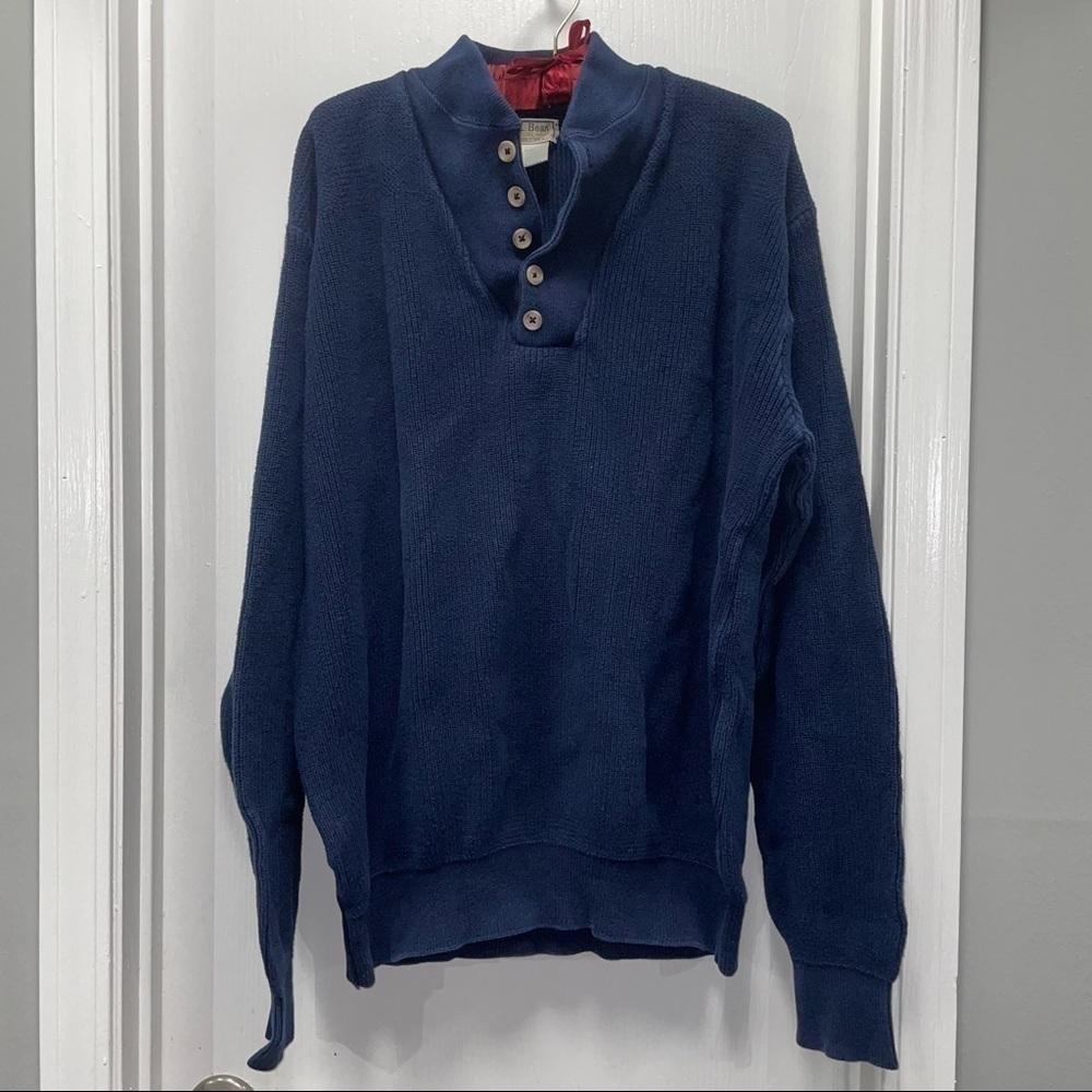 L.L Bean Sweater Ribbed Mock Neck Pullover Long Sleeve Henley 1/4th Button Up
